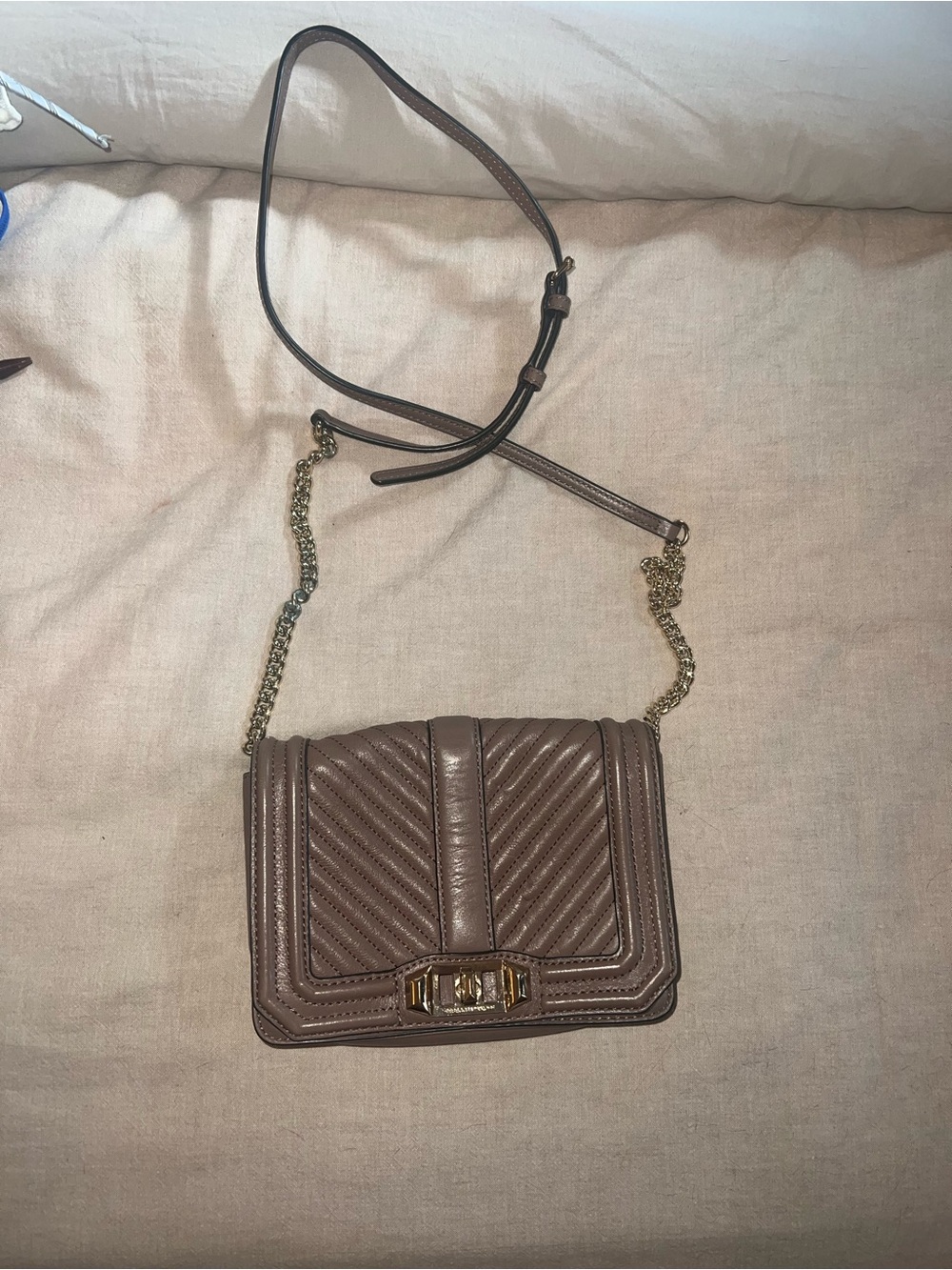 Rebecca Minkoff Taupe Quilted Leather Crossbody with Gold Hardware
